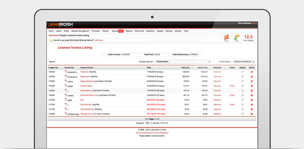 invoicing payments royalty worx label worx track invoices